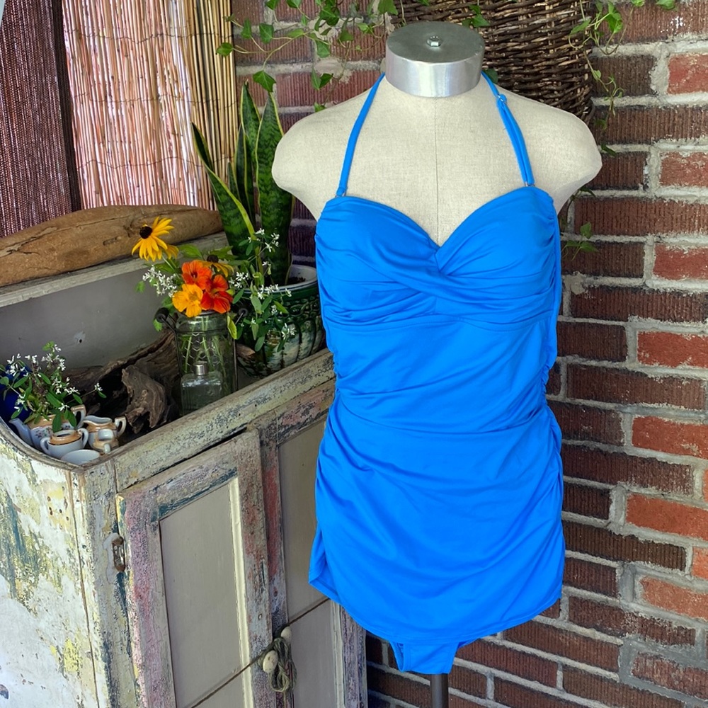 Anne Cole ruched one piece bright blue swimsuit with swim dress overlay. Si…